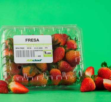 Clamshell, morangos, vermelho, bagas, etiqueta, informação, variável.